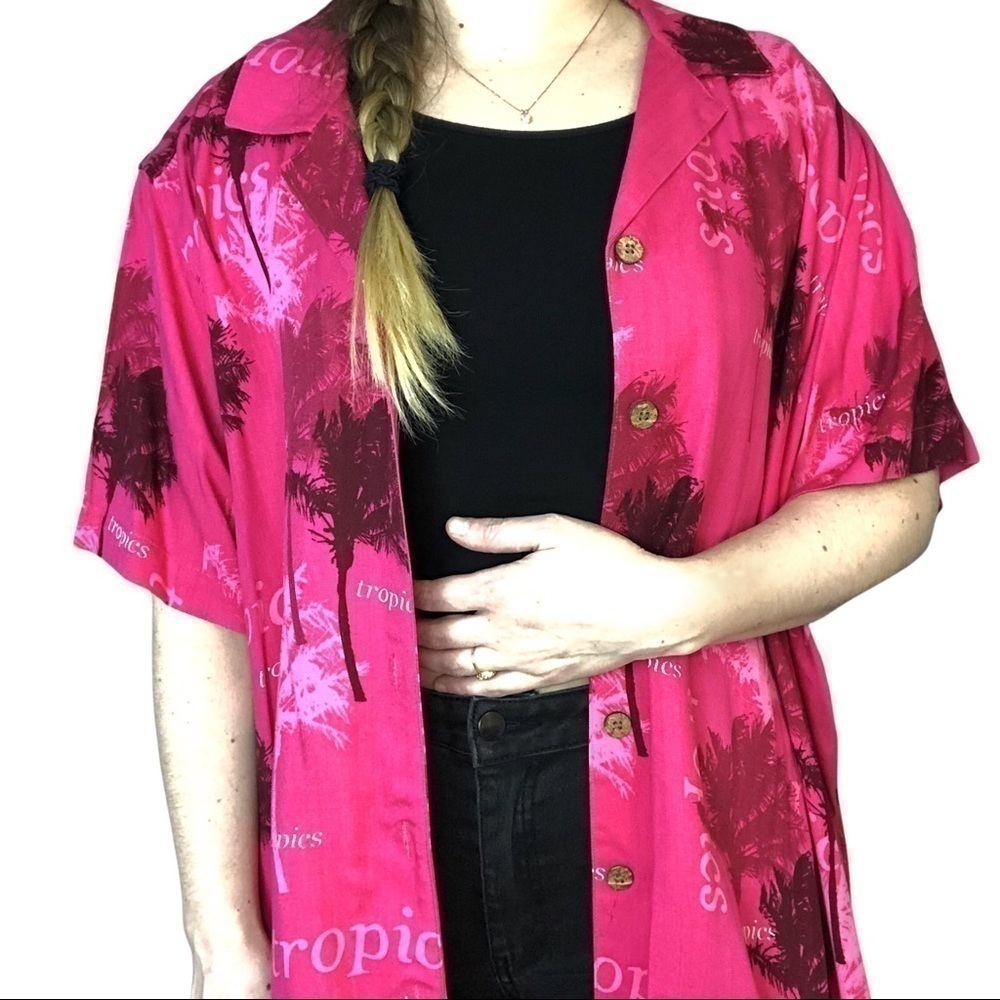 Havana Jacks Cafe Tropical Hawaiian Button Short Sleeve Shirt Pink palm tree - Picture 4 of 8